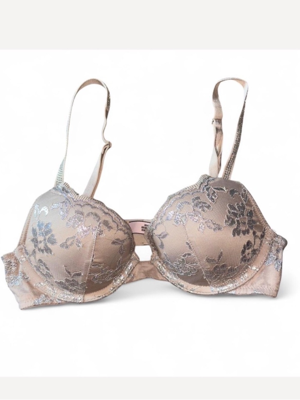 Victoria's Secret Beige Bra with Silver Lace Overlay